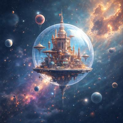 Primary subject: A futuristic, space-themed building with a large glass dome.

Setting/background: The building is set against a backdrop of various planets and celestial bodies, creating a sense of space and exploration.

Visual style: The image is a digital art piece, showcasing the artist's creativity and imagination.

Colors and mood: The colors in the image are predominantly blue and purple, giving the scene a sense of calmness and tran
